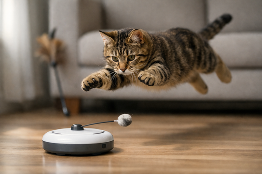 Tabby cat mid-pounce attacking an automated rotating cat toy on hardwood floor with wand toy in background