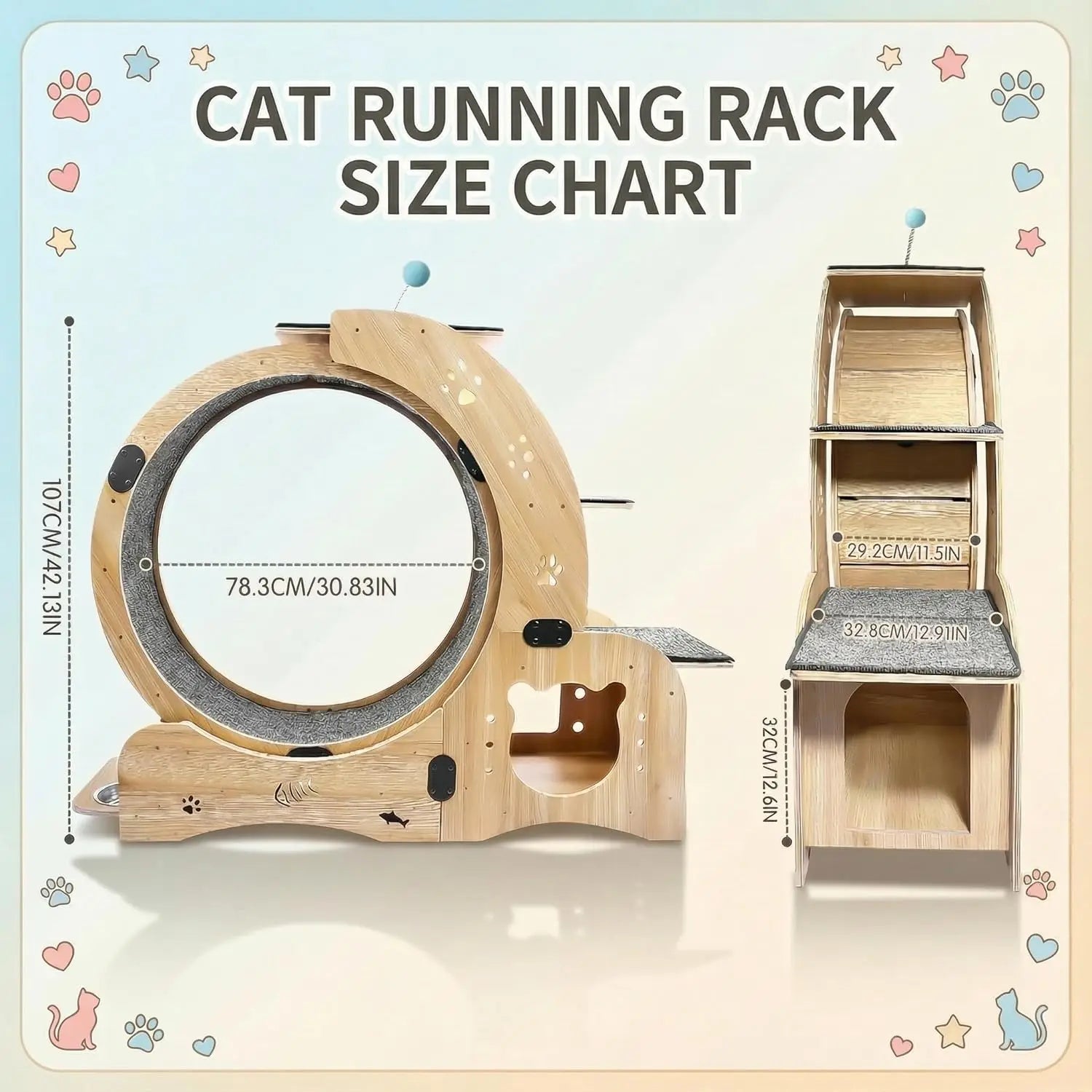 41in Cat Exercise Wheel: 6‑in‑1 Indoor Activity Center for large cats size chart