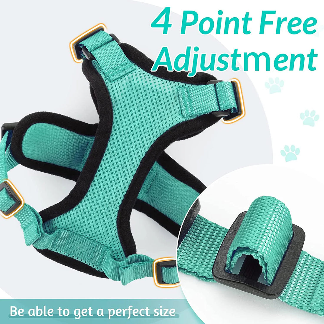The harness laid flat showing its four adjustment points, with a close-up of one slider