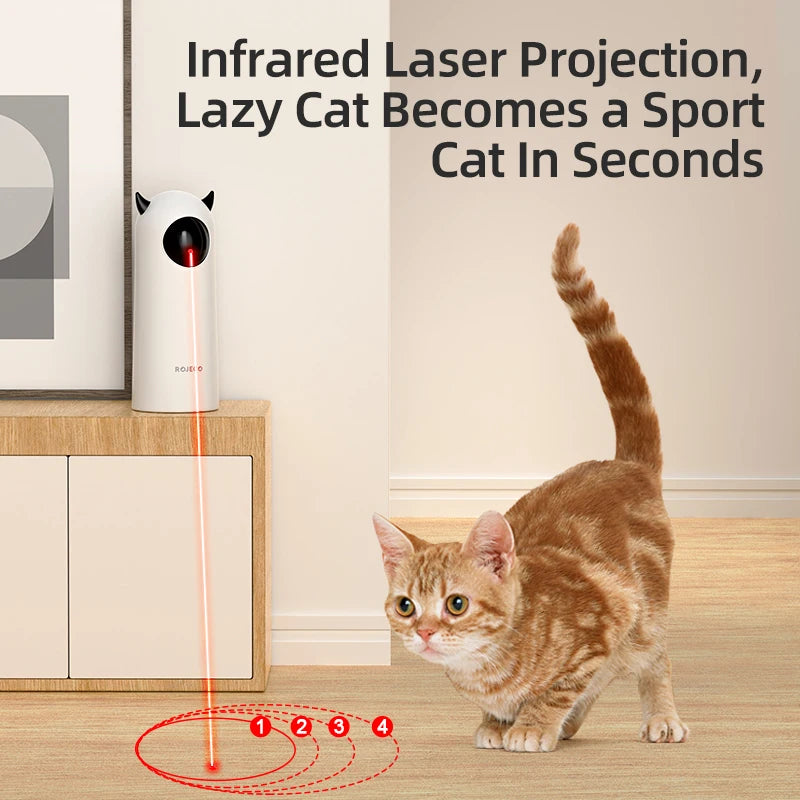 The laser toy tracing a moving red dot in a circle as a ginger cat approaches it