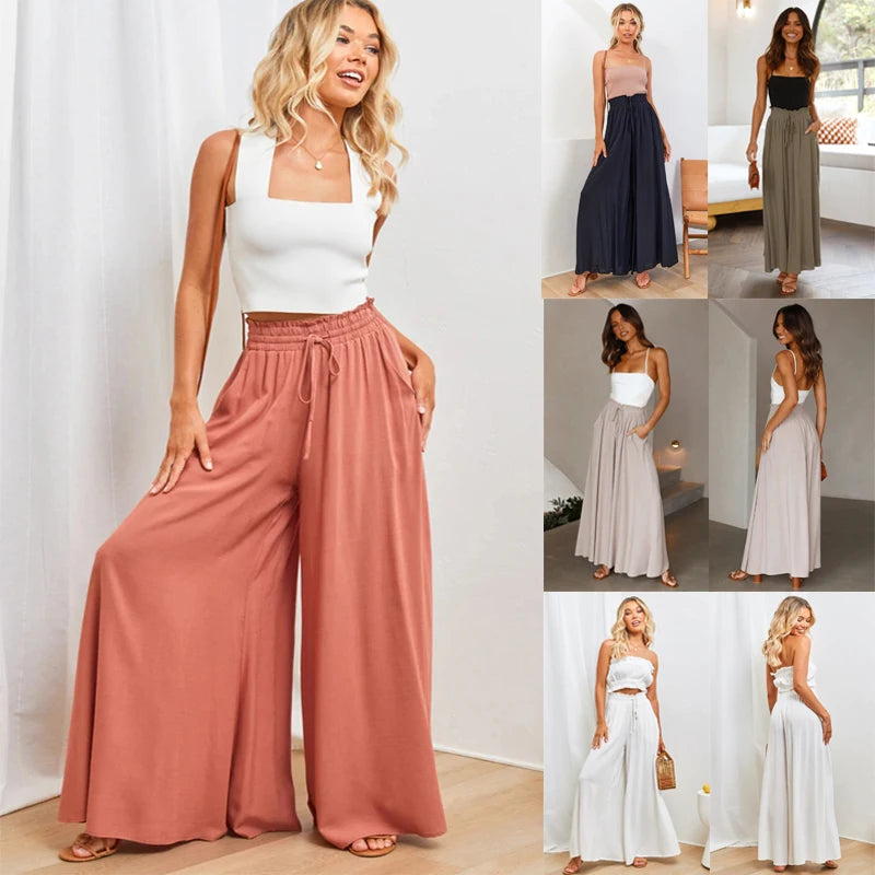 Woman - Summer Wide Leg Pants w/ Elastic Waistband
