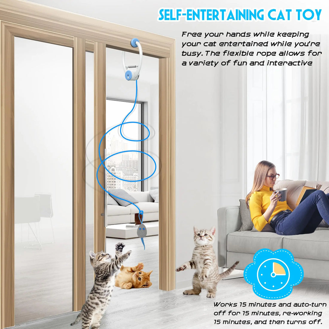 The hanging cat toy in a doorway while a cat plays and a person relaxes on the sofa