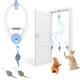 ZipMicy door-hanging cat toy clipped to a door frame with plush mice, two cats jumping for it