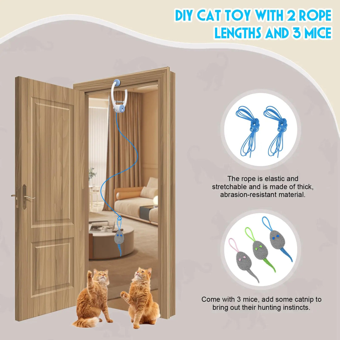 The toy shown with its two rope lengths and three plush mice beside a doorway