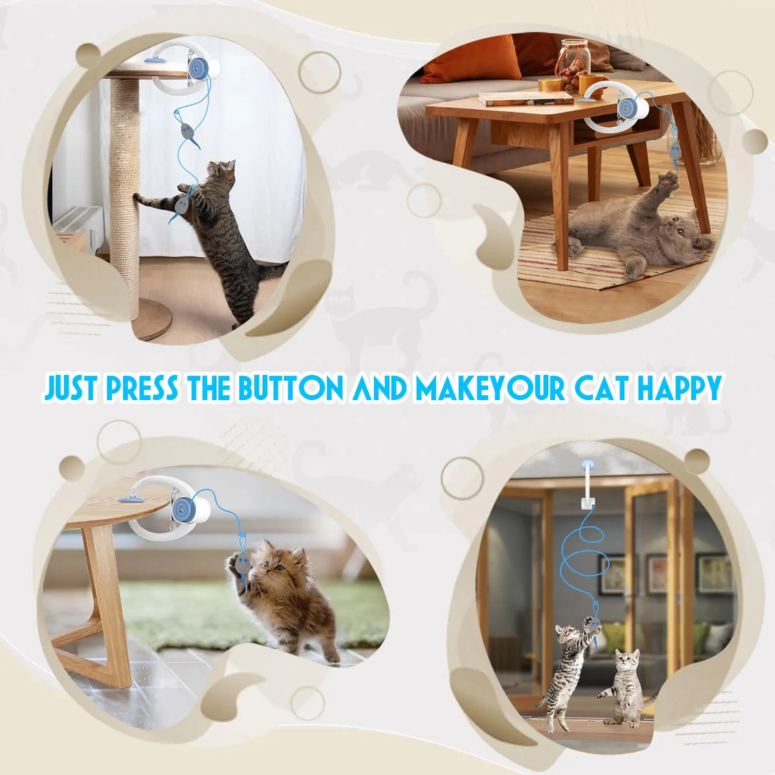 The door toy clipped to four different door frames with cats playing with it