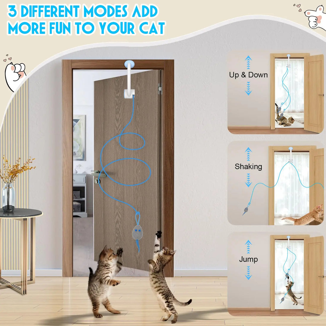 The three modes of the door toy: up and down, shaking, and jump