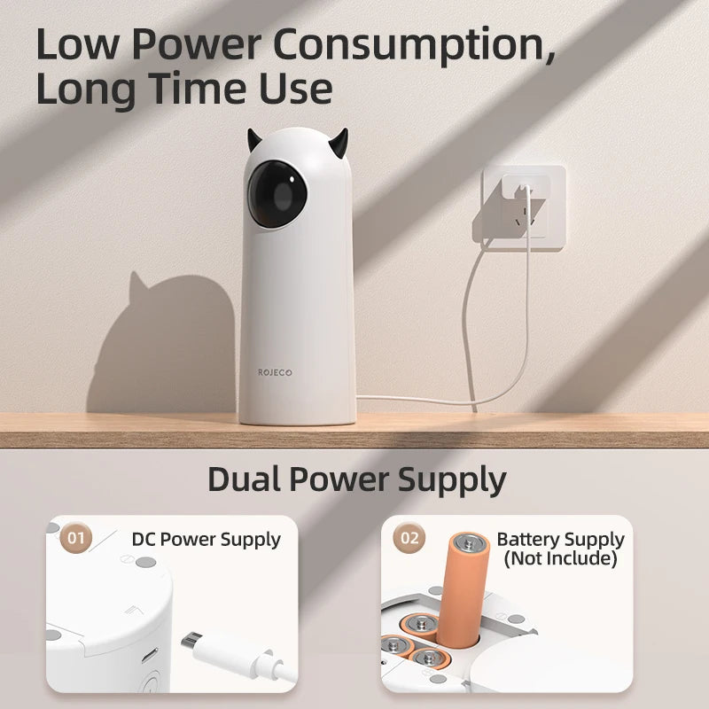Dual power supply for the laser toy: DC adapter or batteries, batteries not included