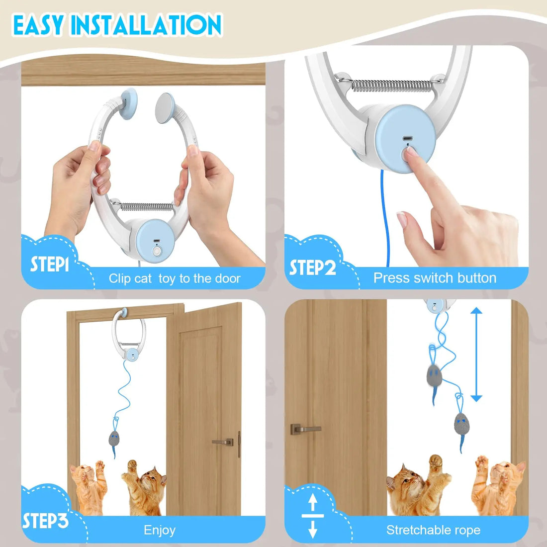 Three installation steps: clip the toy to the door, press the switch, and let the cat play