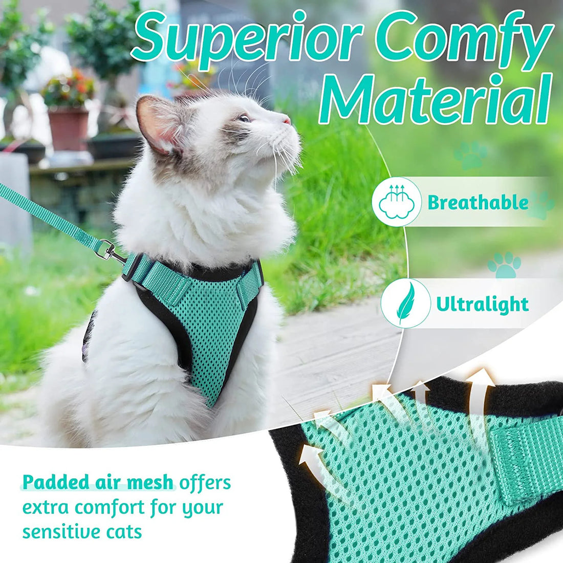 White cat wearing the harness, with a close-up of the padded air mesh fabric
