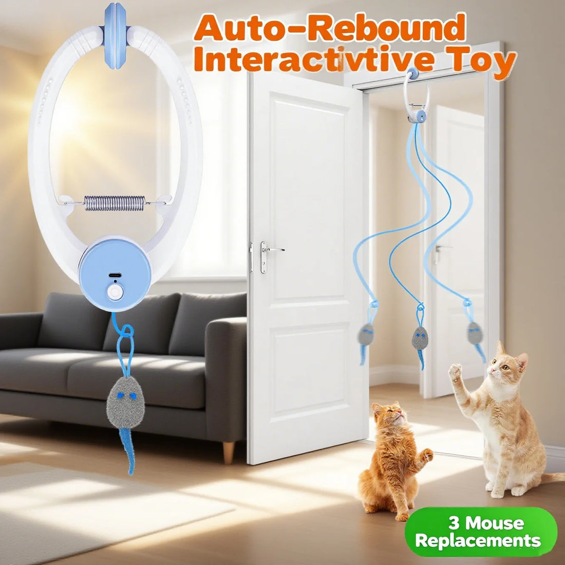 The auto-rebound door toy with its elastic rope and three replacement mice