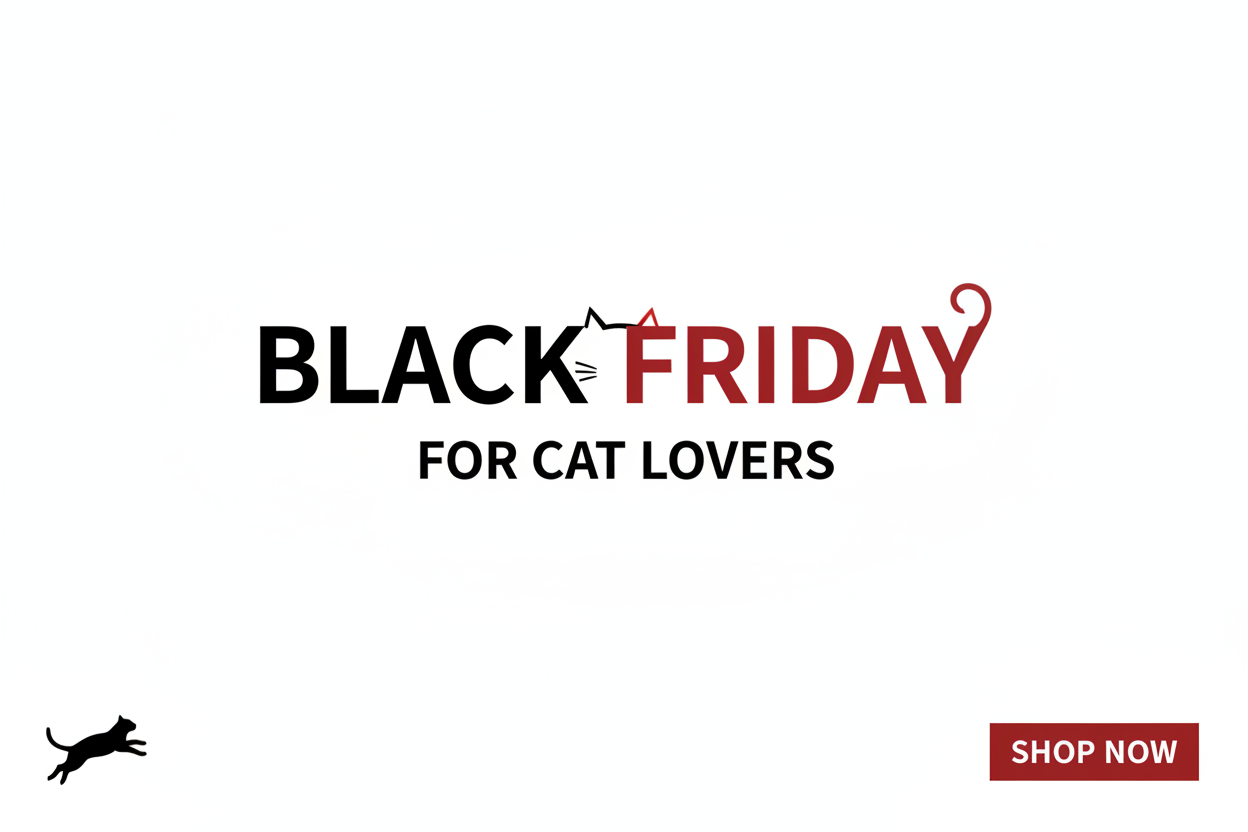 Banner de black friday minimalista para tienda de gatos. Fuente Helvetica Bold, negra, de color #bf2d2d para accentos. Ziveko