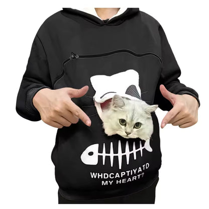 Cozy cat hoodie black with a breathable pouch that helps anxious cats feel safe and connected while staying close to their owner.