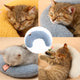 Four cats asleep on the half-moon cat pillow in yellow, grey and blue, with the product in the centre