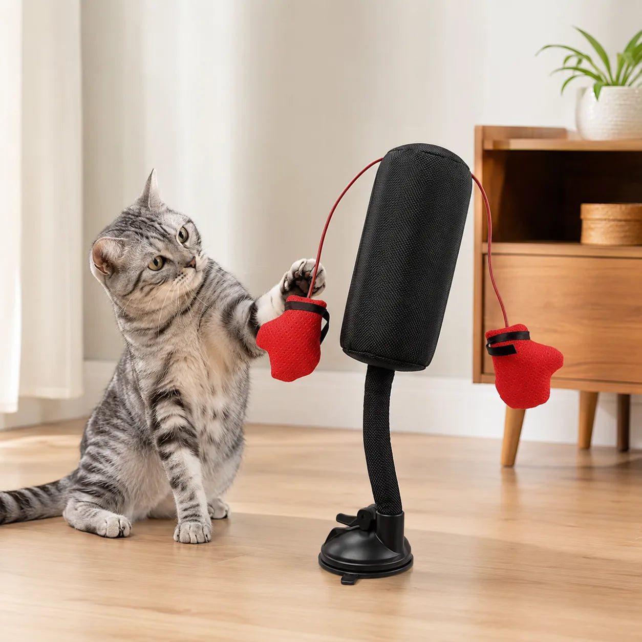 Cat playing with the KittyKO punching bag on a wooden floor